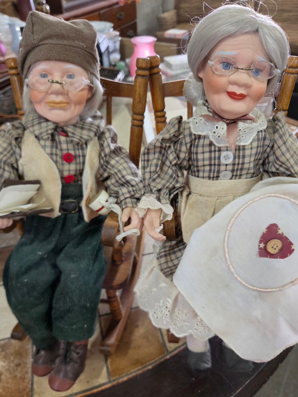 Porcelain Grandma & Grandpa Doll Set in Wooden Rocking Chairs